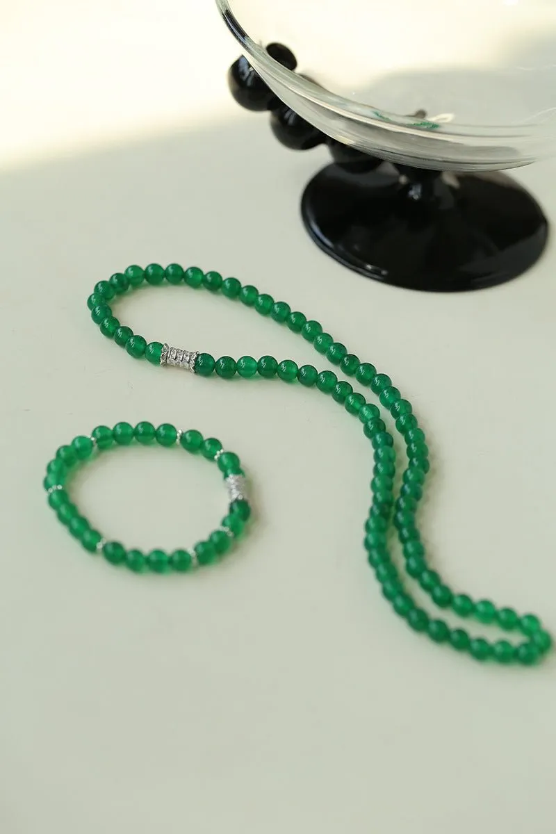 Elastic Necklace with Zirconia and Green Onyx Beads