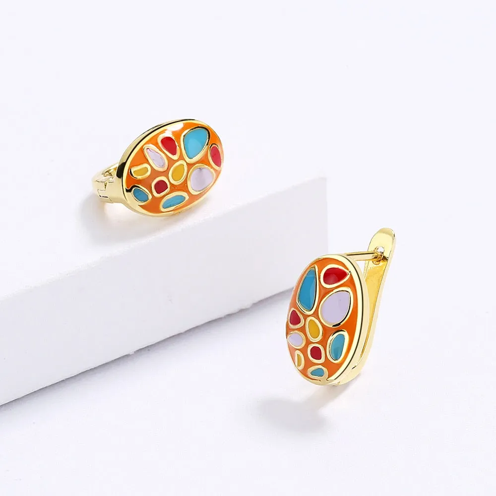 Fashion Jewelry Color Stones Enamel Hoop Earrings for Women in Gold Color