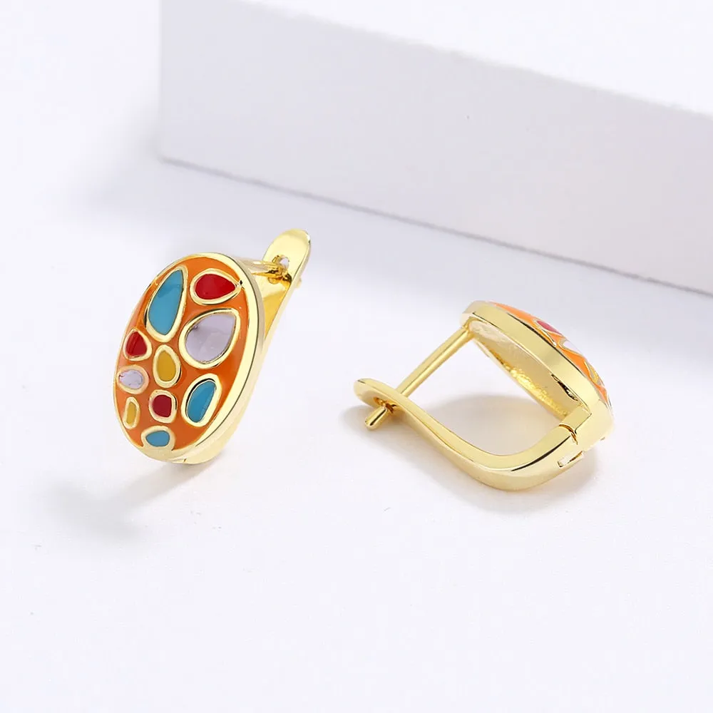 Fashion Jewelry Color Stones Enamel Hoop Earrings for Women in Gold Color