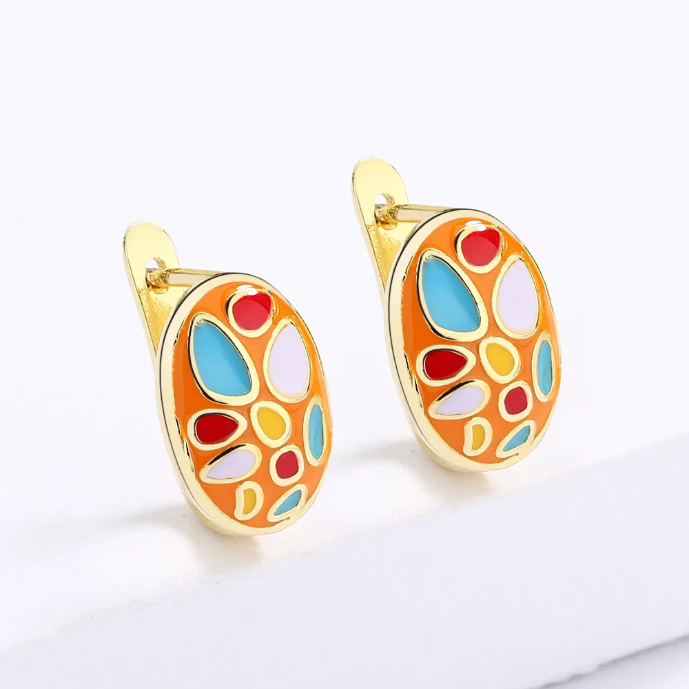 Fashion Jewelry Color Stones Enamel Hoop Earrings for Women in Gold Color