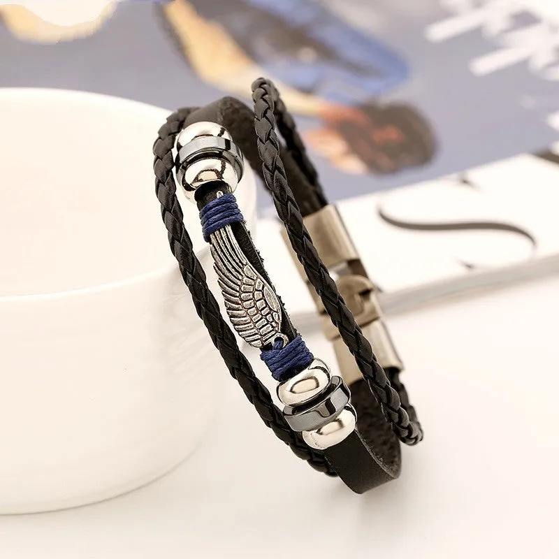 FASHION Punk Angel wings Men Bracelets Black Weave Genuine leather Bracelet Bangles male snaps jewelry