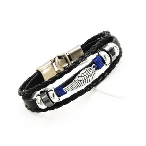 FASHION Punk Angel wings Men Bracelets Black Weave Genuine leather Bracelet Bangles male snaps jewelry