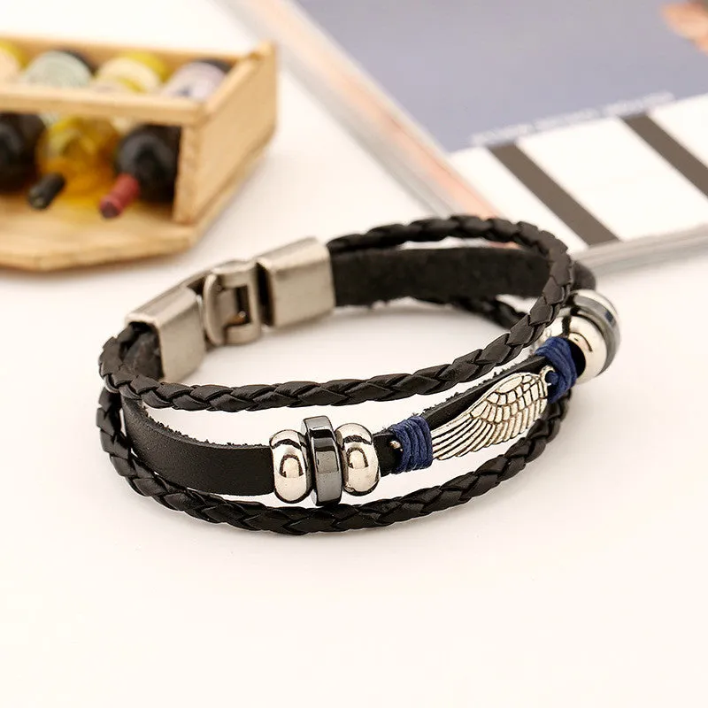 FASHION Punk Angel wings Men Bracelets Black Weave Genuine leather Bracelet Bangles male snaps jewelry