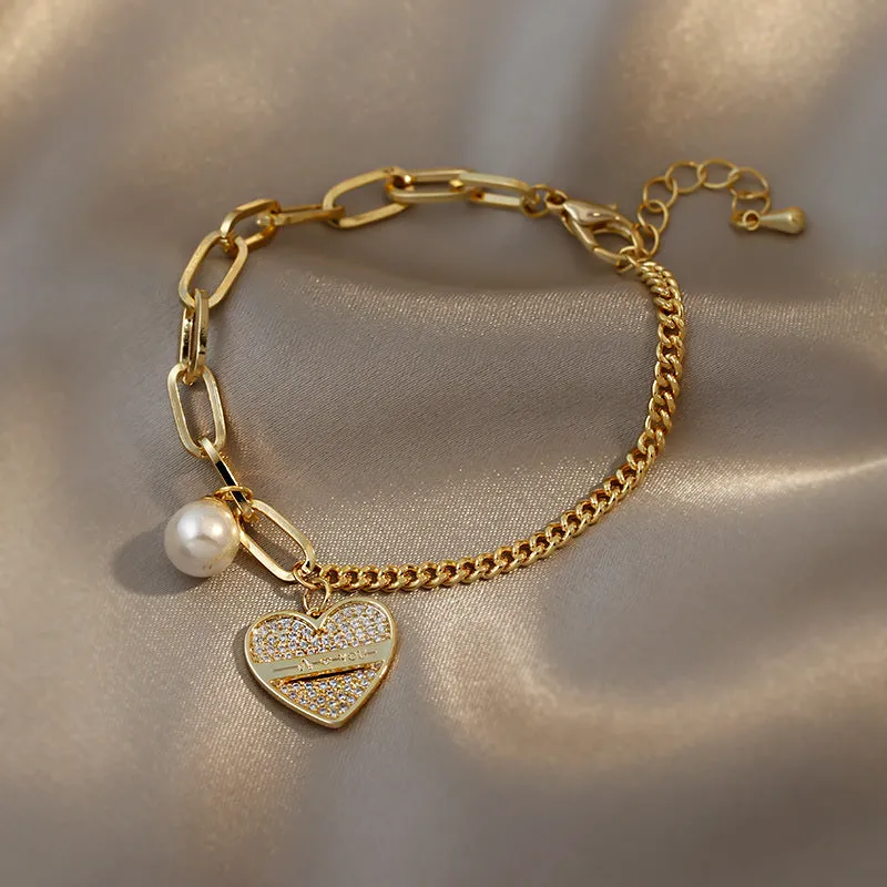 Fashion Trendy Design Pearl Diamond Love Bracelet