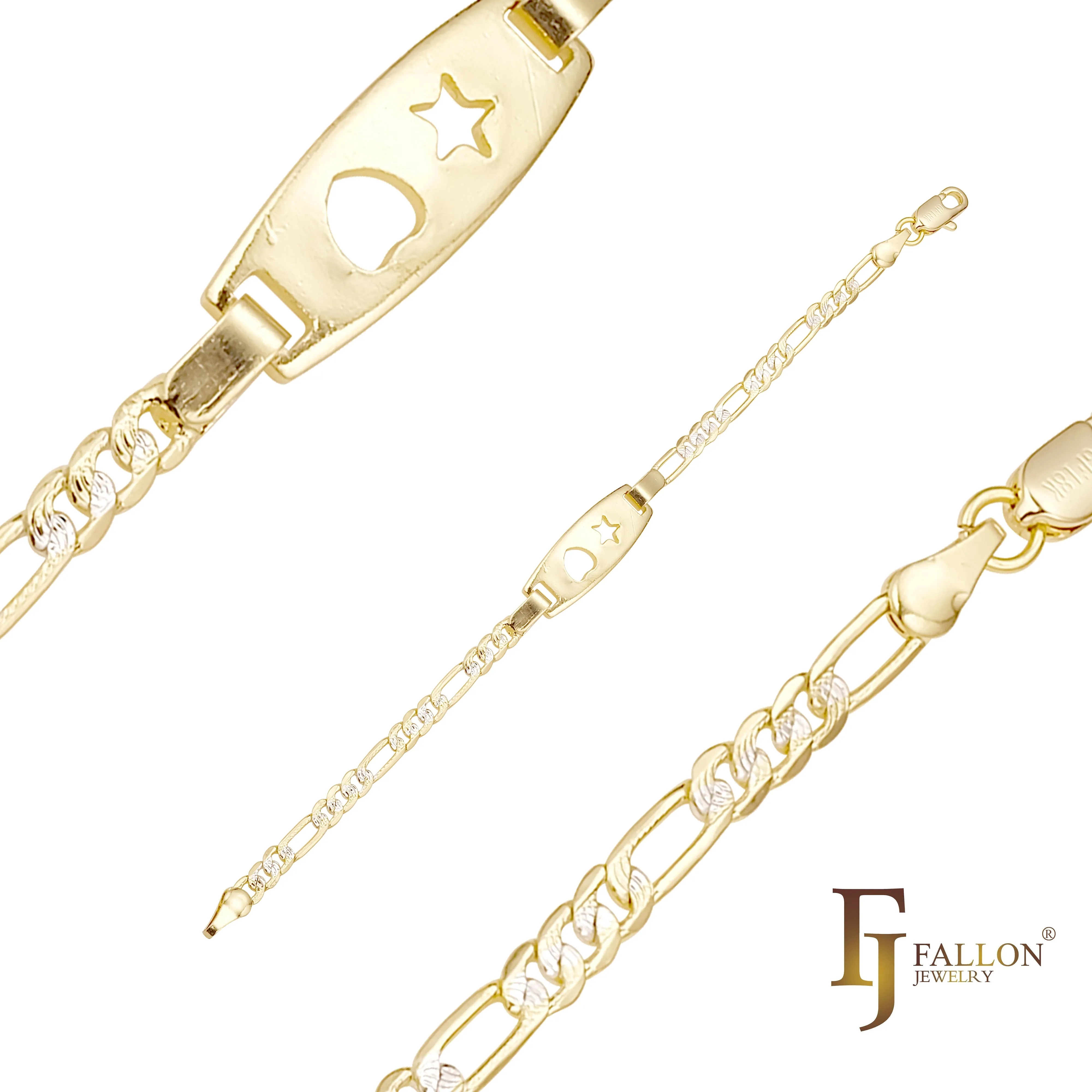 Figaro Link Men's ID star and heart bracelets plated in 14K Gold two tone colors