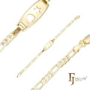 Figaro Link Men's ID star and heart bracelets plated in 14K Gold two tone colors