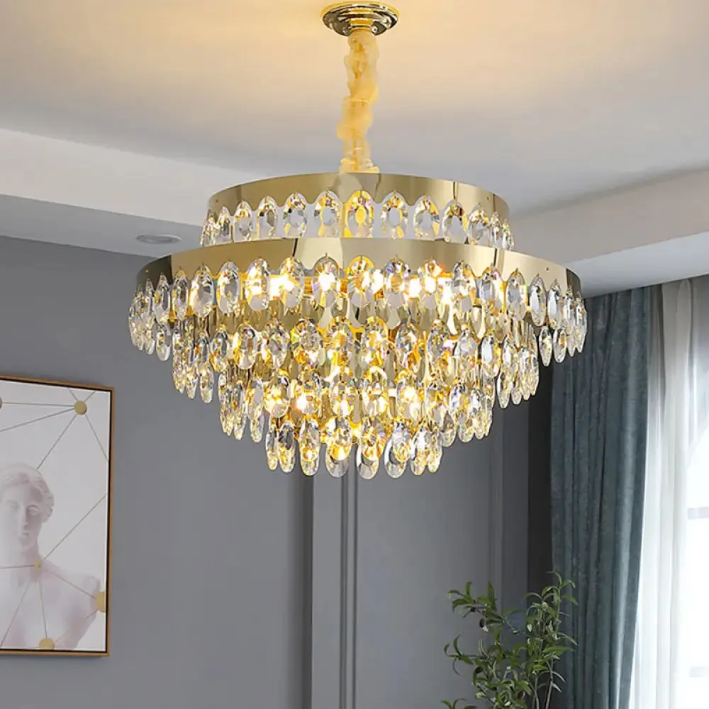 Gold K9 Crystal Chandelier Pendant Light for Living Room - Sleek Multi-Tiered Simplicity