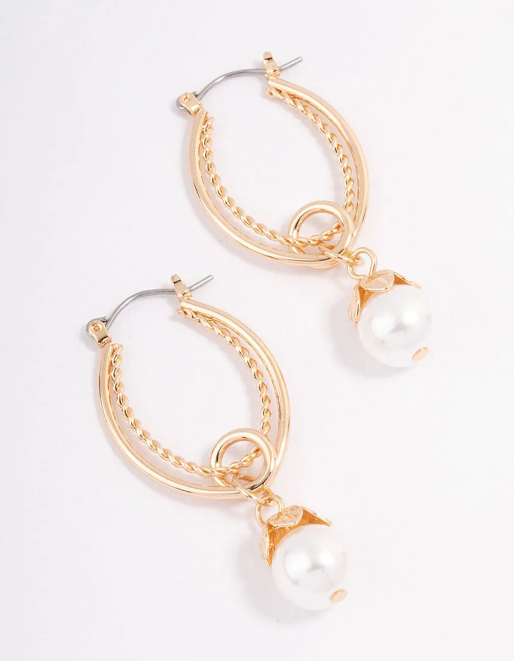 Gold Ornate Pearl Drop Hoop Earrings