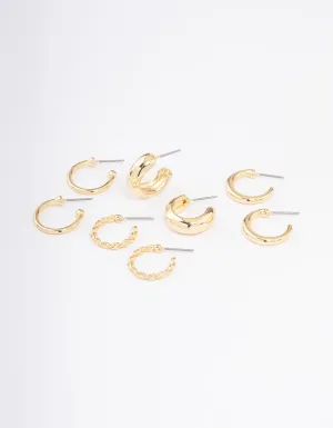 Gold Plated Smooth Chunky Hoop Earrings 4-Pack