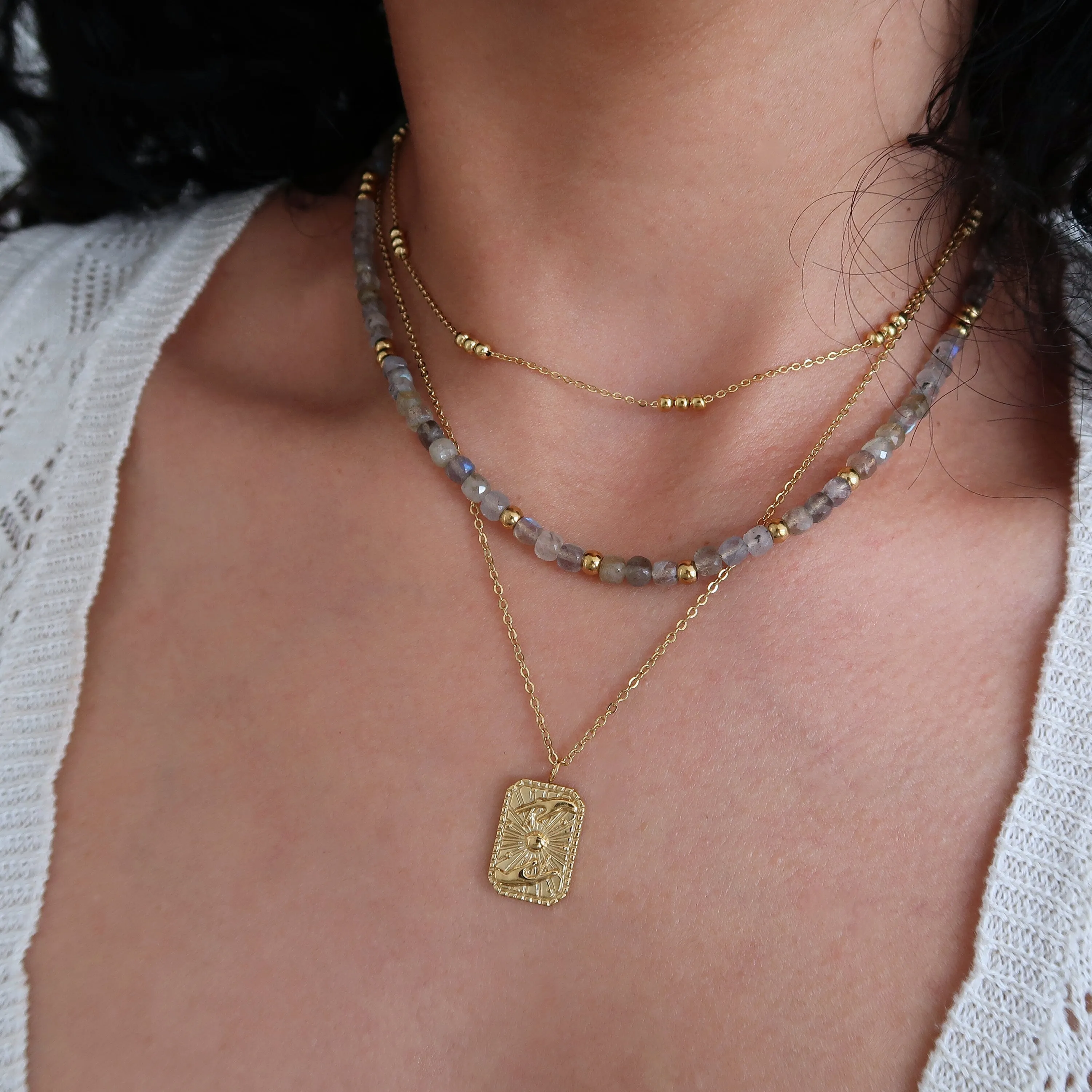 Gold Stainless Steel Necklace Set - 3 Layered Chains with HANDS Pendant and  Labradorite Beads