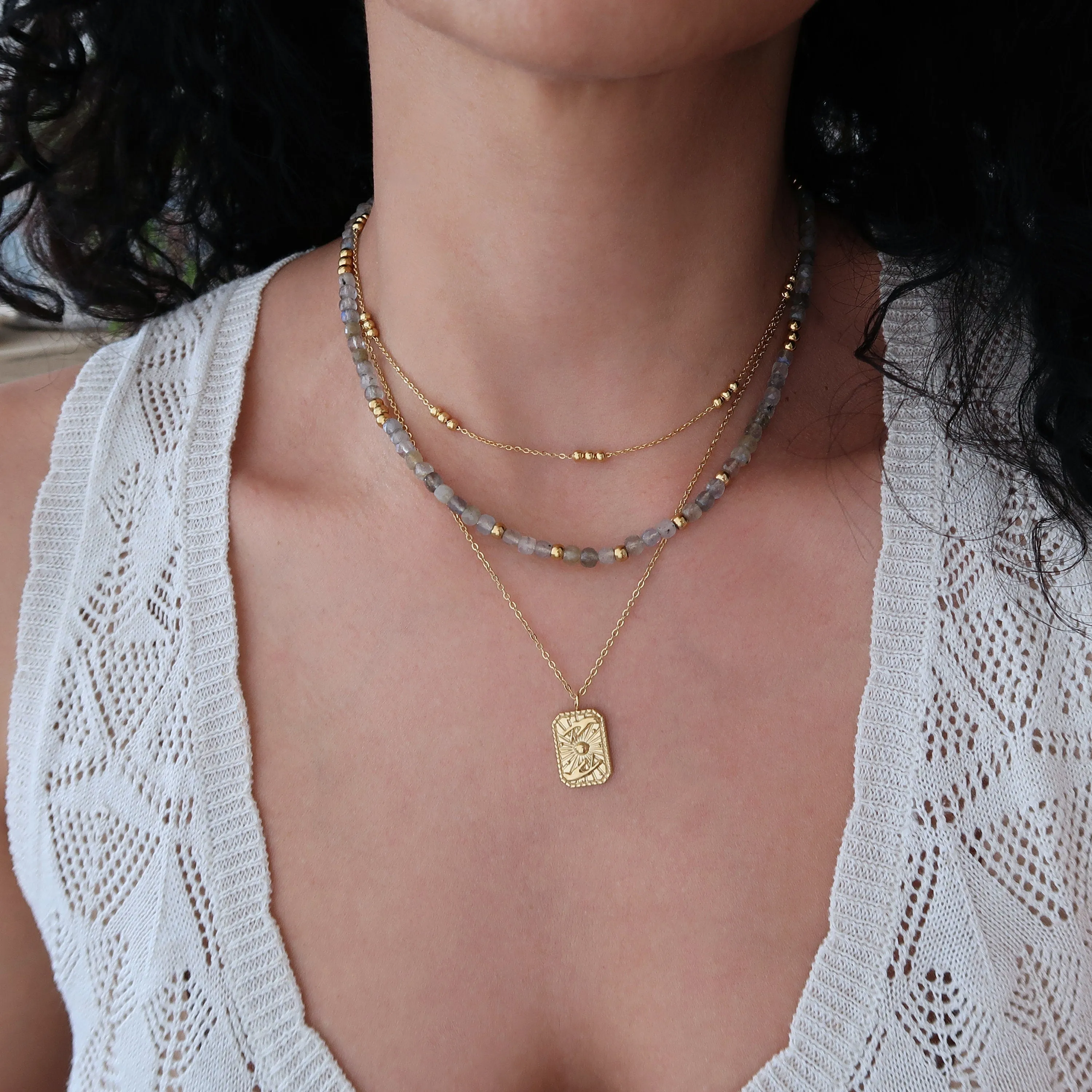 Gold Stainless Steel Necklace Set - 3 Layered Chains with HANDS Pendant and  Labradorite Beads