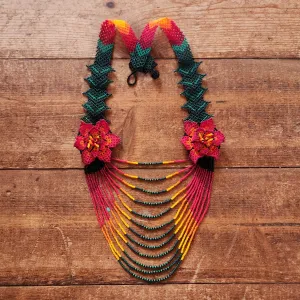 Graceful Two Flowers Huichol Necklace - 24.5" Long