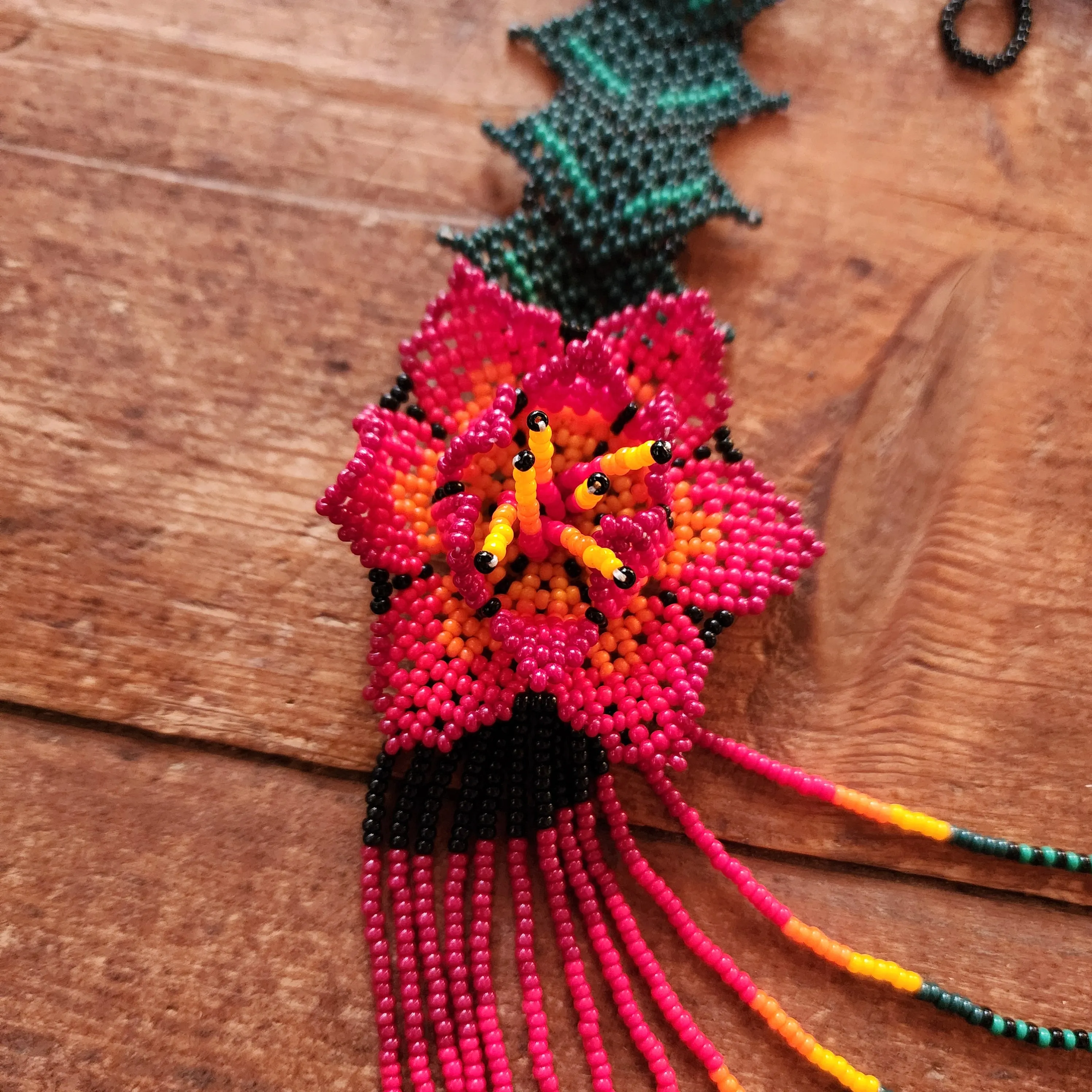 Graceful Two Flowers Huichol Necklace - 24.5" Long