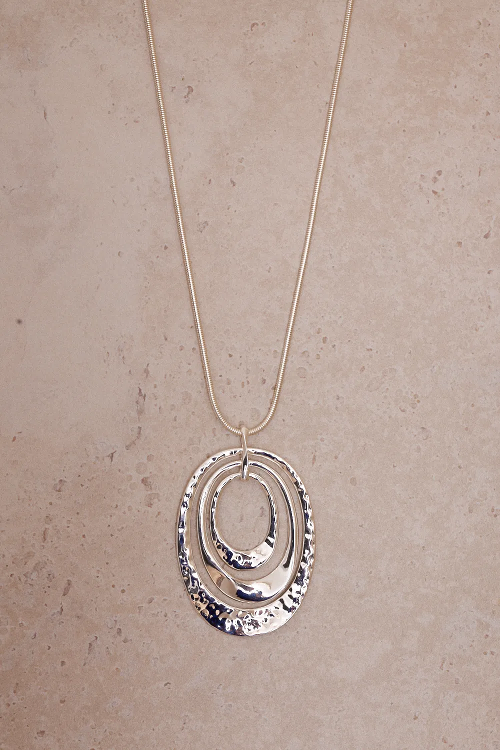 Hammered Double Oval Pendant Necklace - Silver