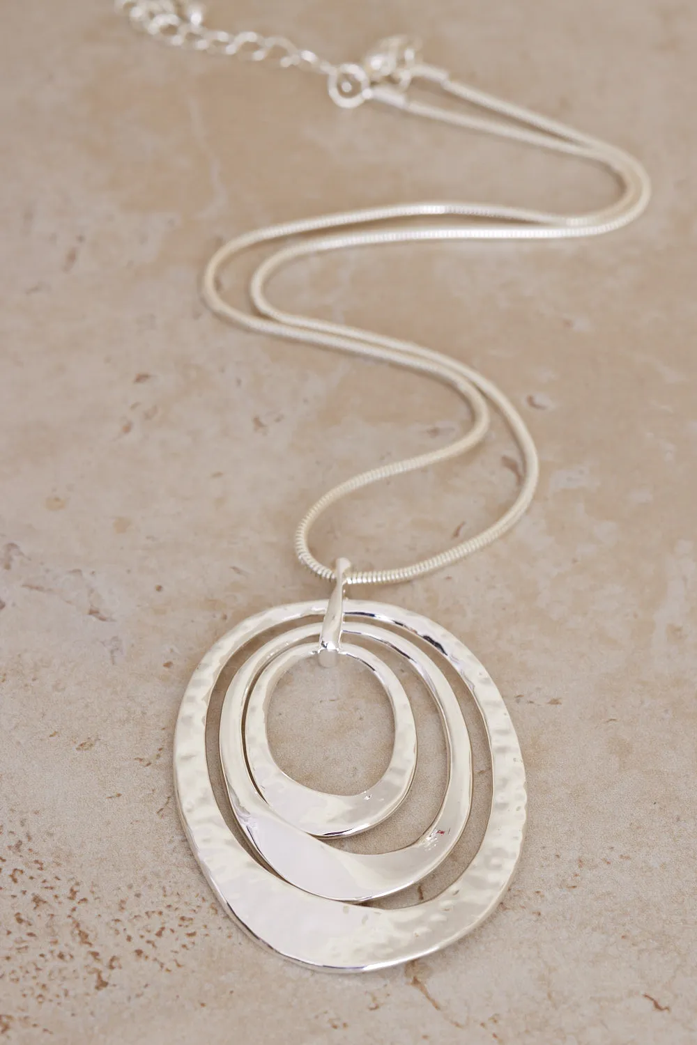 Hammered Double Oval Pendant Necklace - Silver