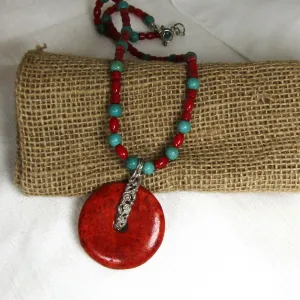 Handcrafted Turquoise Necklace with Red Pendant