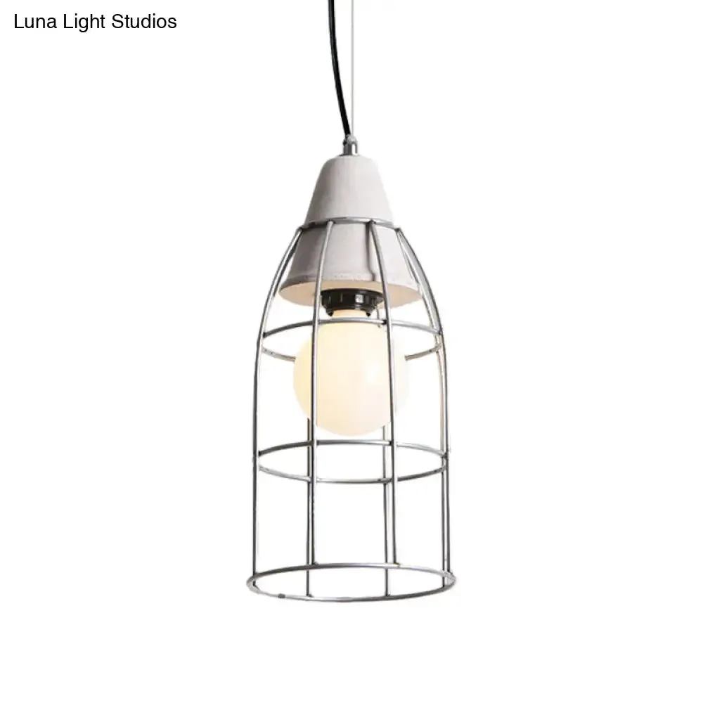 Industrial Silver Cage Pendant Light Fixture for Coffee House, 1 Head Iron, Cement Ceiling Lamp