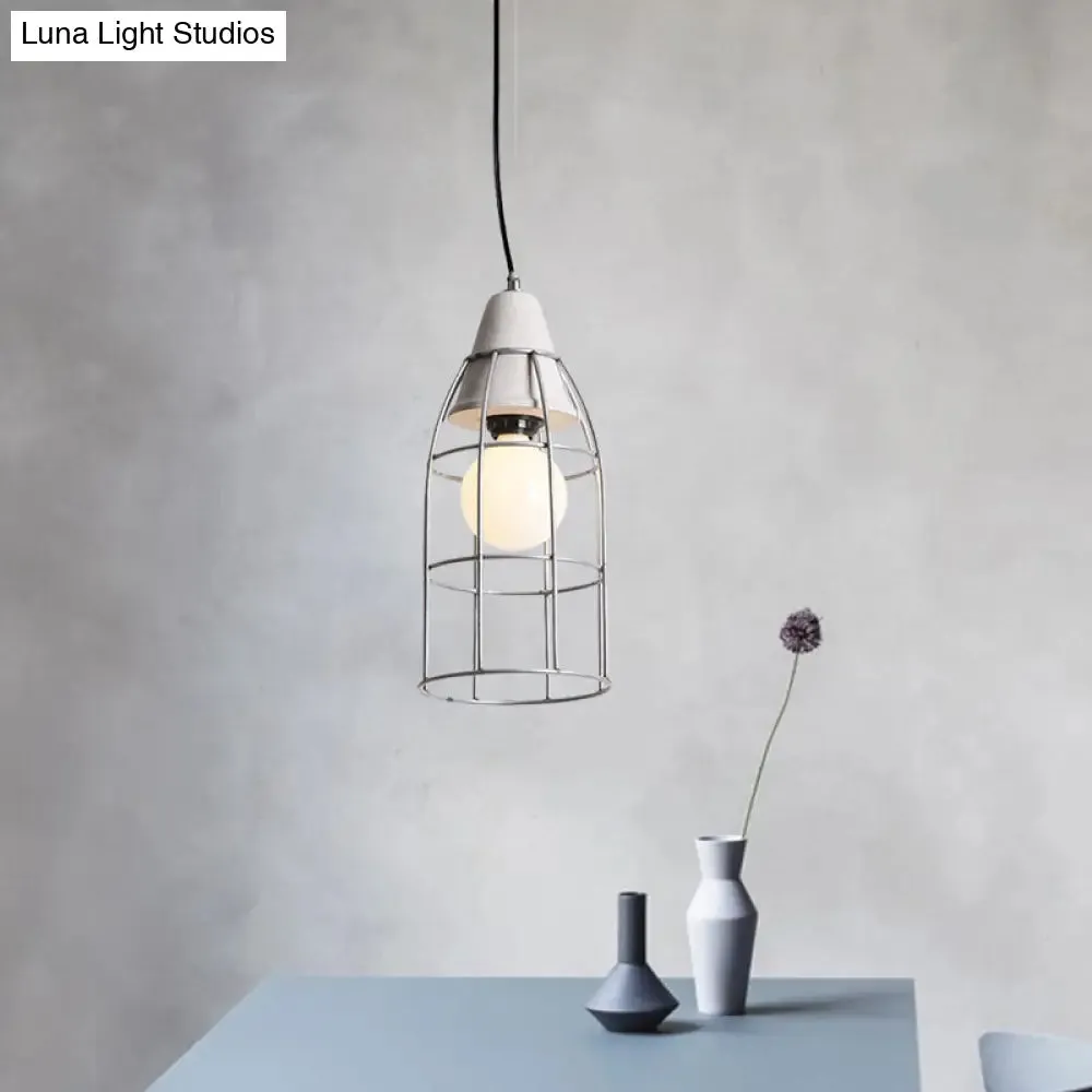 Industrial Silver Cage Pendant Light Fixture for Coffee House, 1 Head Iron, Cement Ceiling Lamp