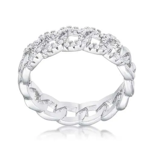 Interlocking Rhodium Chain Design Ring with CZ