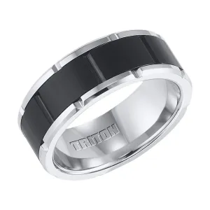 KONRAD Polished Finished Edges Tungsten Carbide Ring with Brushed Black Finished Center and Alternating Vertical Grooves by Triton Rings - 8.5 mm