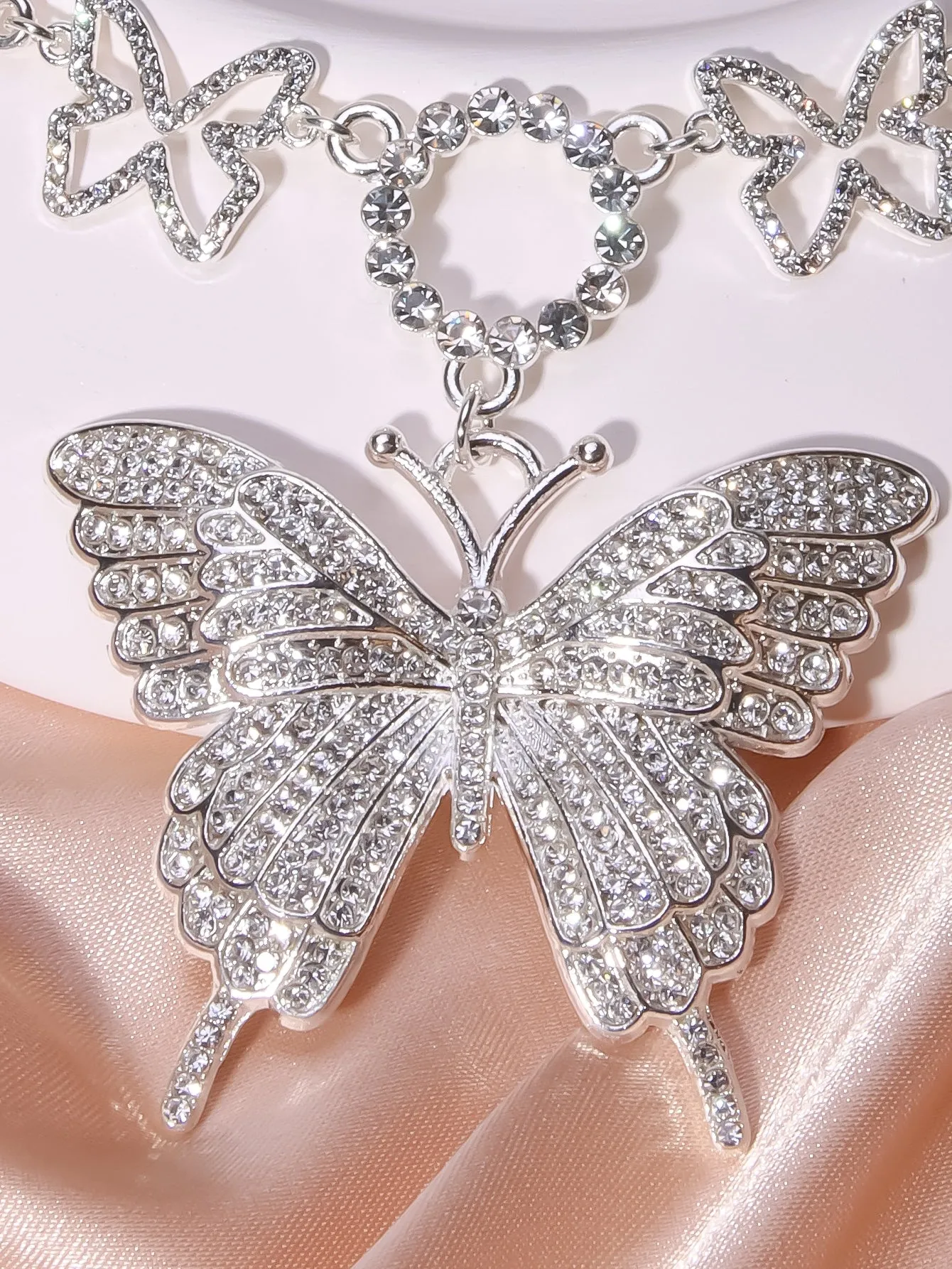 Large Rhinestone Butterfly Charm Necklace Statement Necklace Modern Necklace