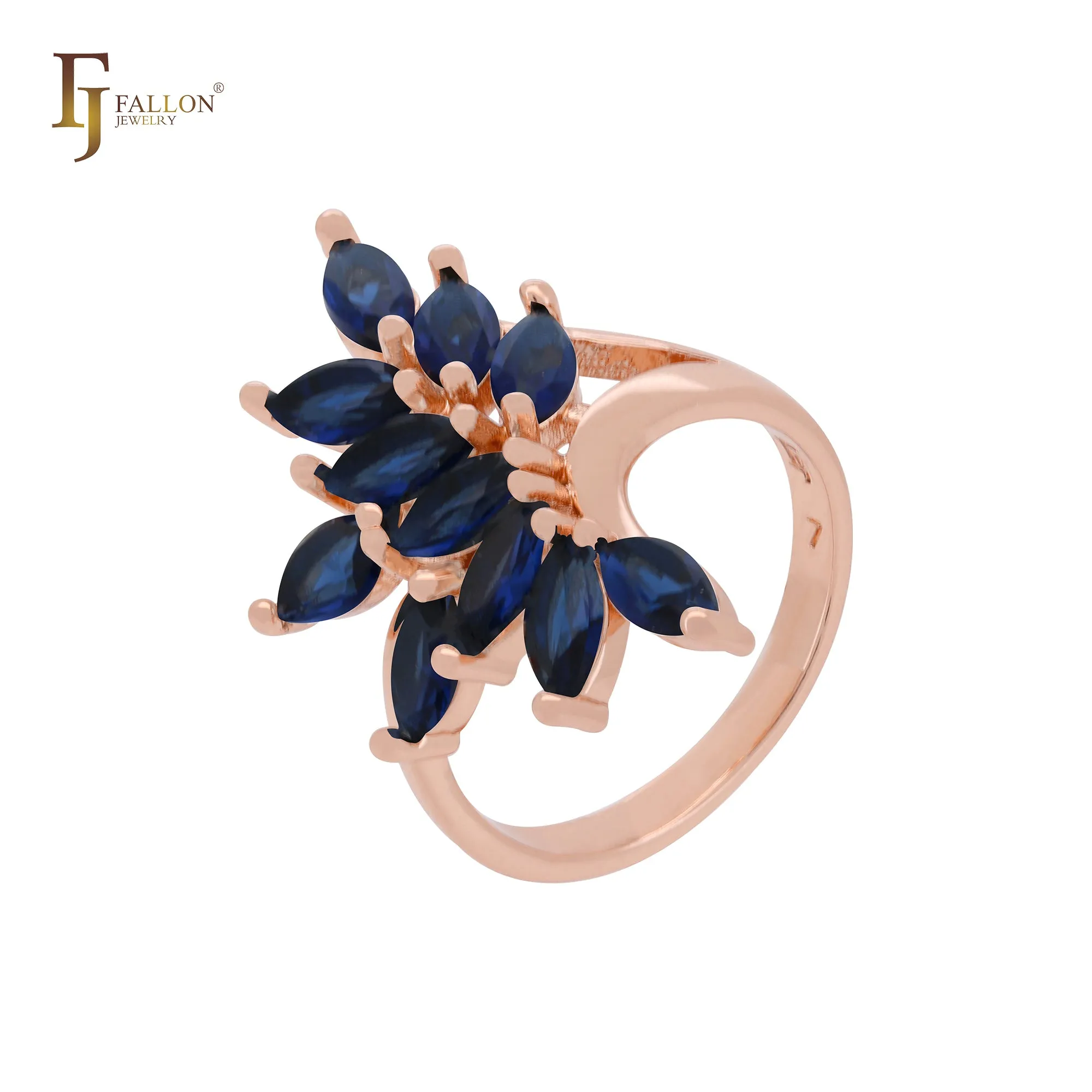 Luxurious Deep lake blue cluster CZs Rose Gold Fashion Rings