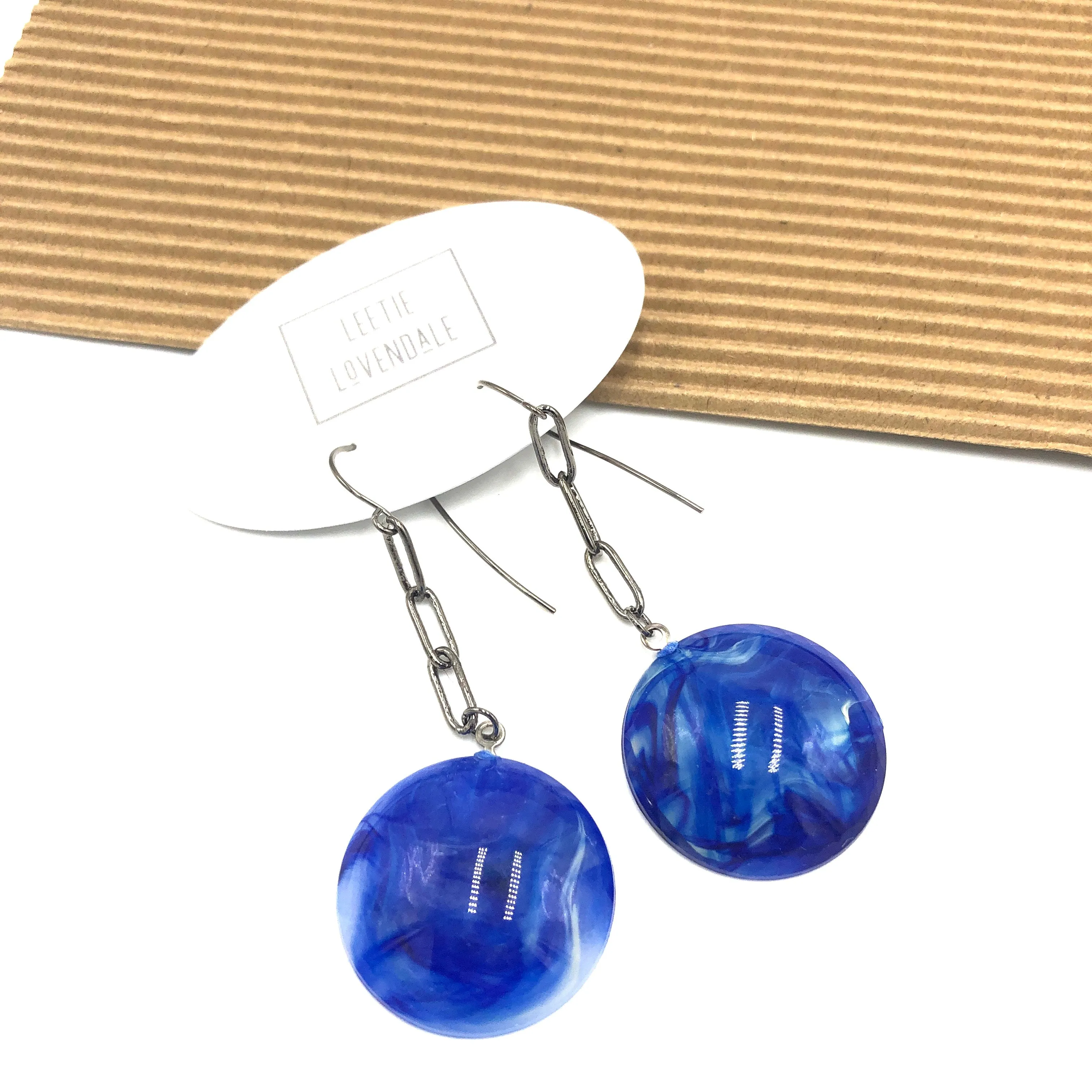 Marbled Blue & Paperclip Chain Link Earrings *