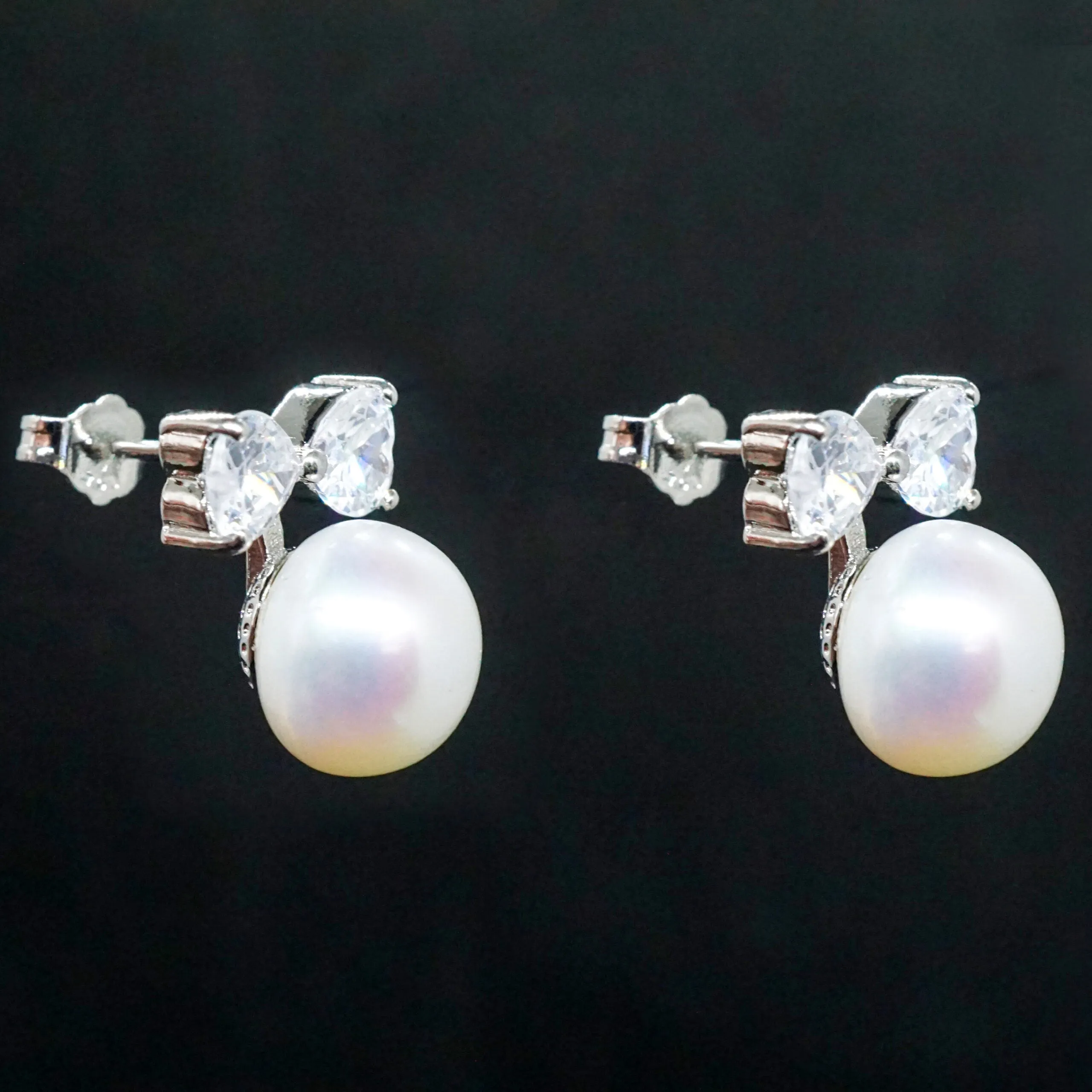 Maya X - Real Pearl Crystal Silver Stud Earrings