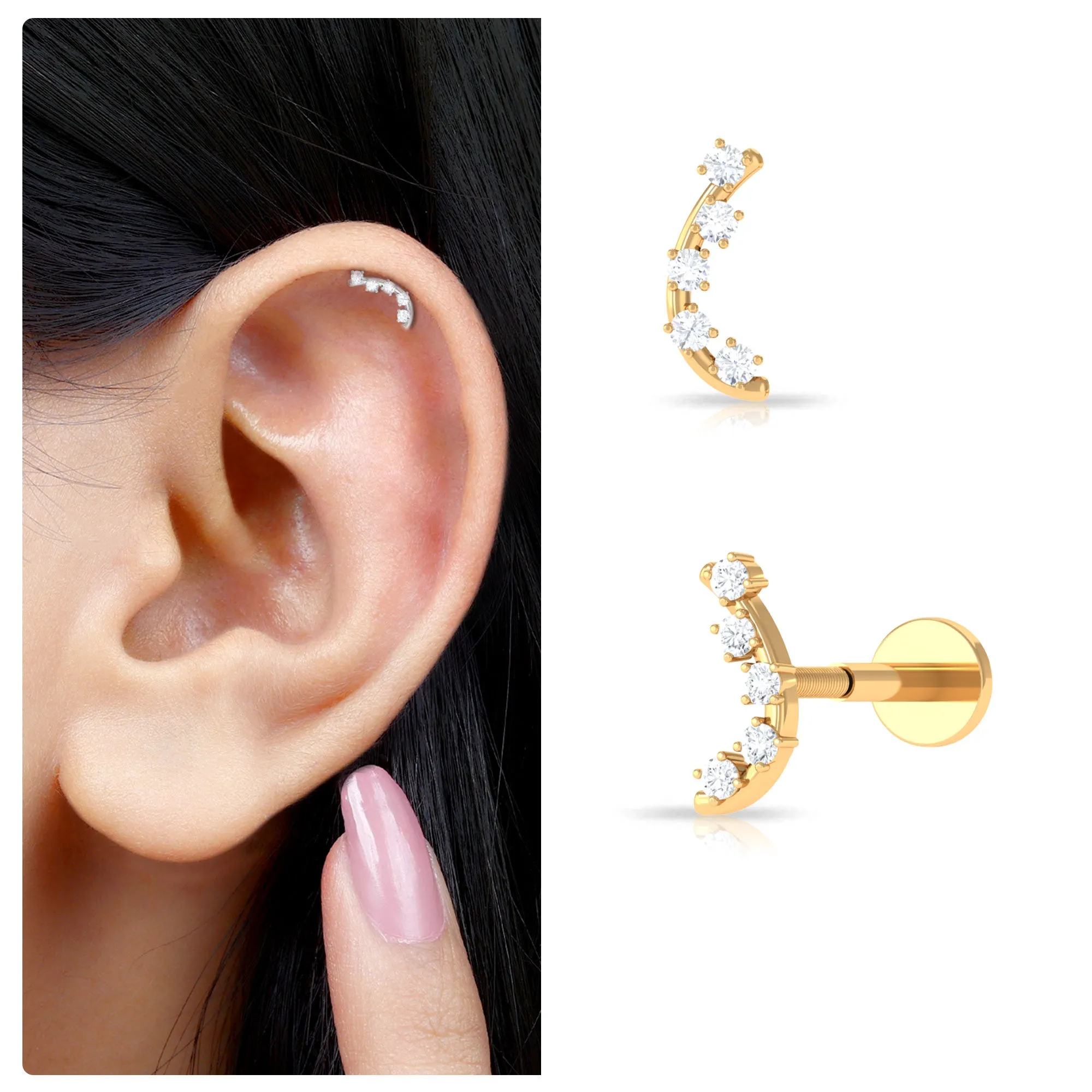 Minimalist Round Diamond Curved Helix Earring