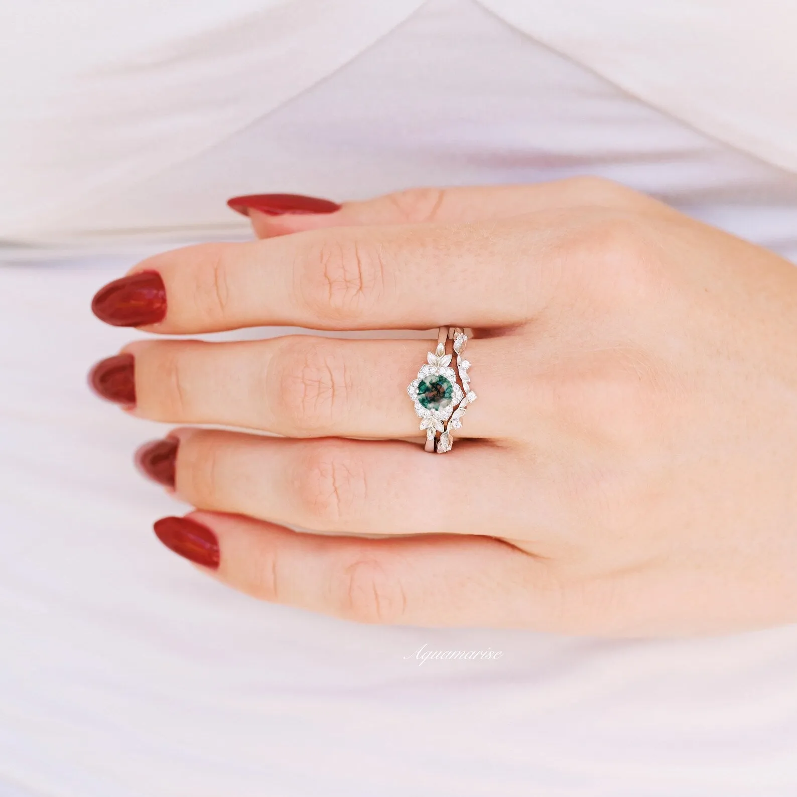 Moss Agate Fairy Leaf Ring Set- Sterling Silver