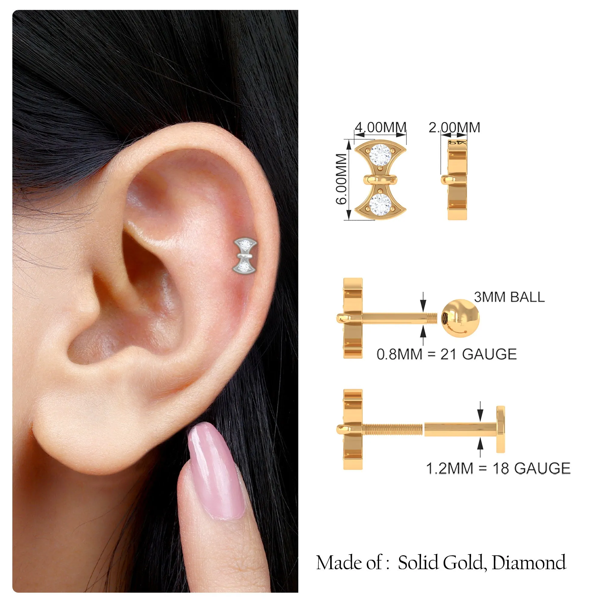 Natural Diamond Gold Axe Earring for Tragus Piercing