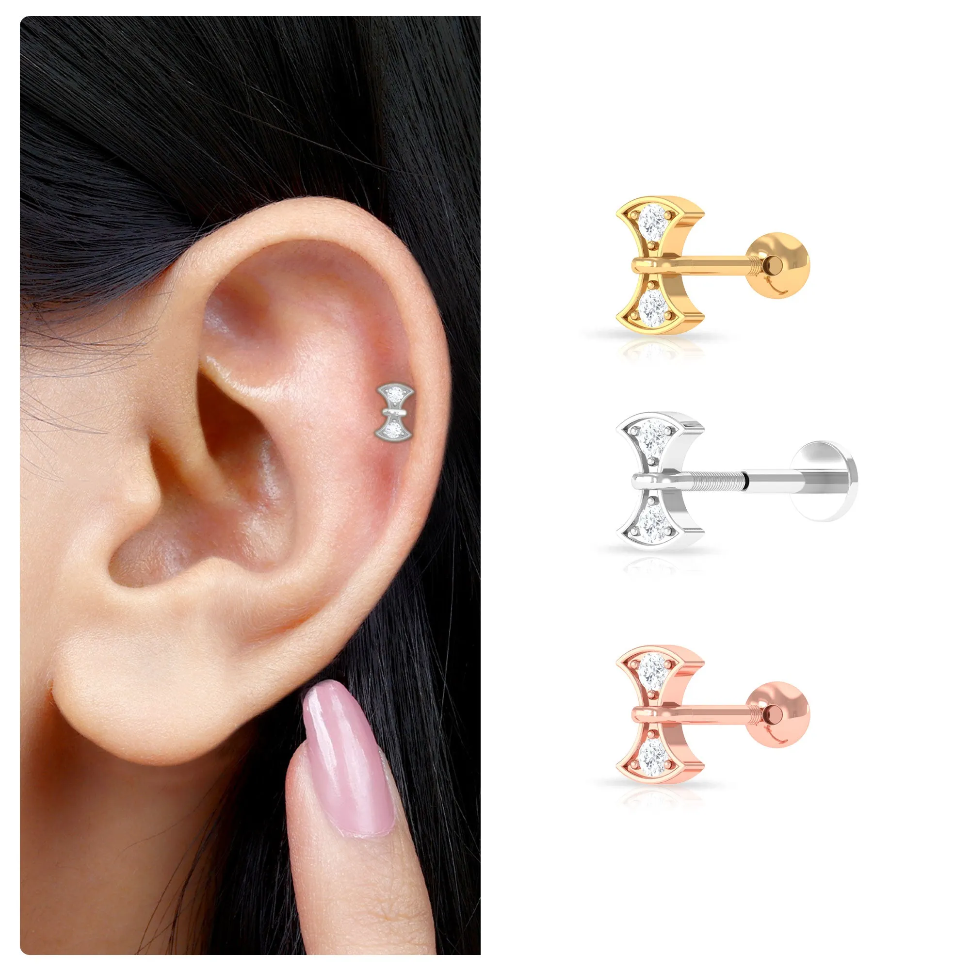 Natural Diamond Gold Axe Earring for Tragus Piercing