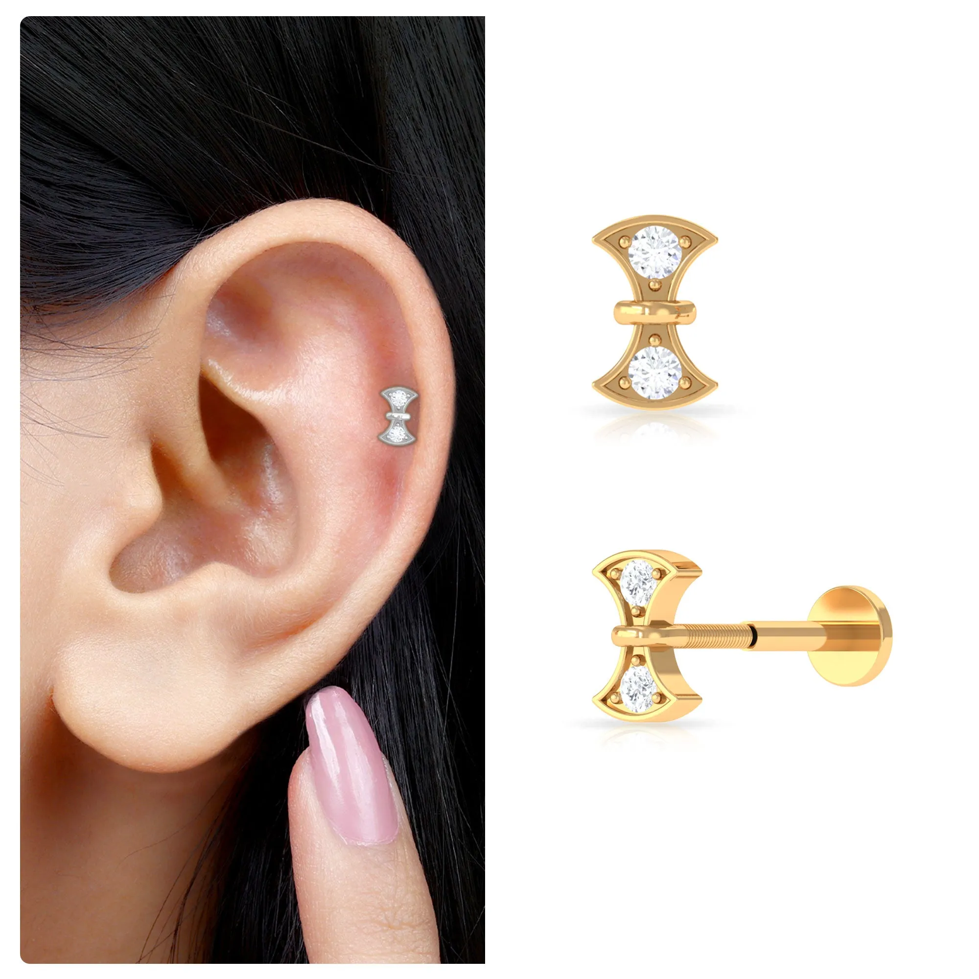 Natural Diamond Gold Axe Earring for Tragus Piercing