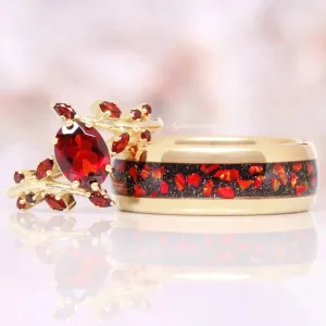 Natural Garnet & Red Fire Opal Leaf Couples Ring