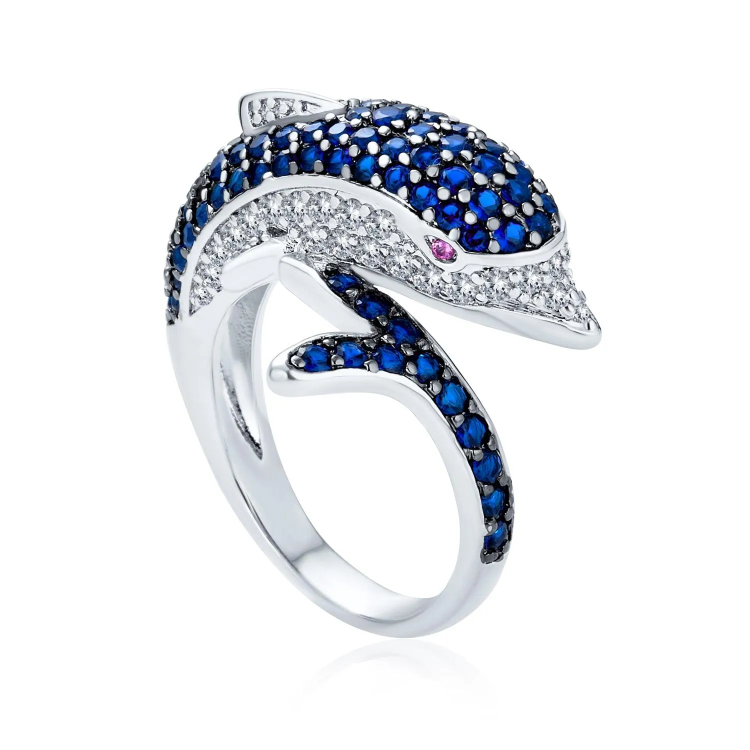 Nautical Cocktail Statement Ring with Navy Blue CZ and Dolphin Design