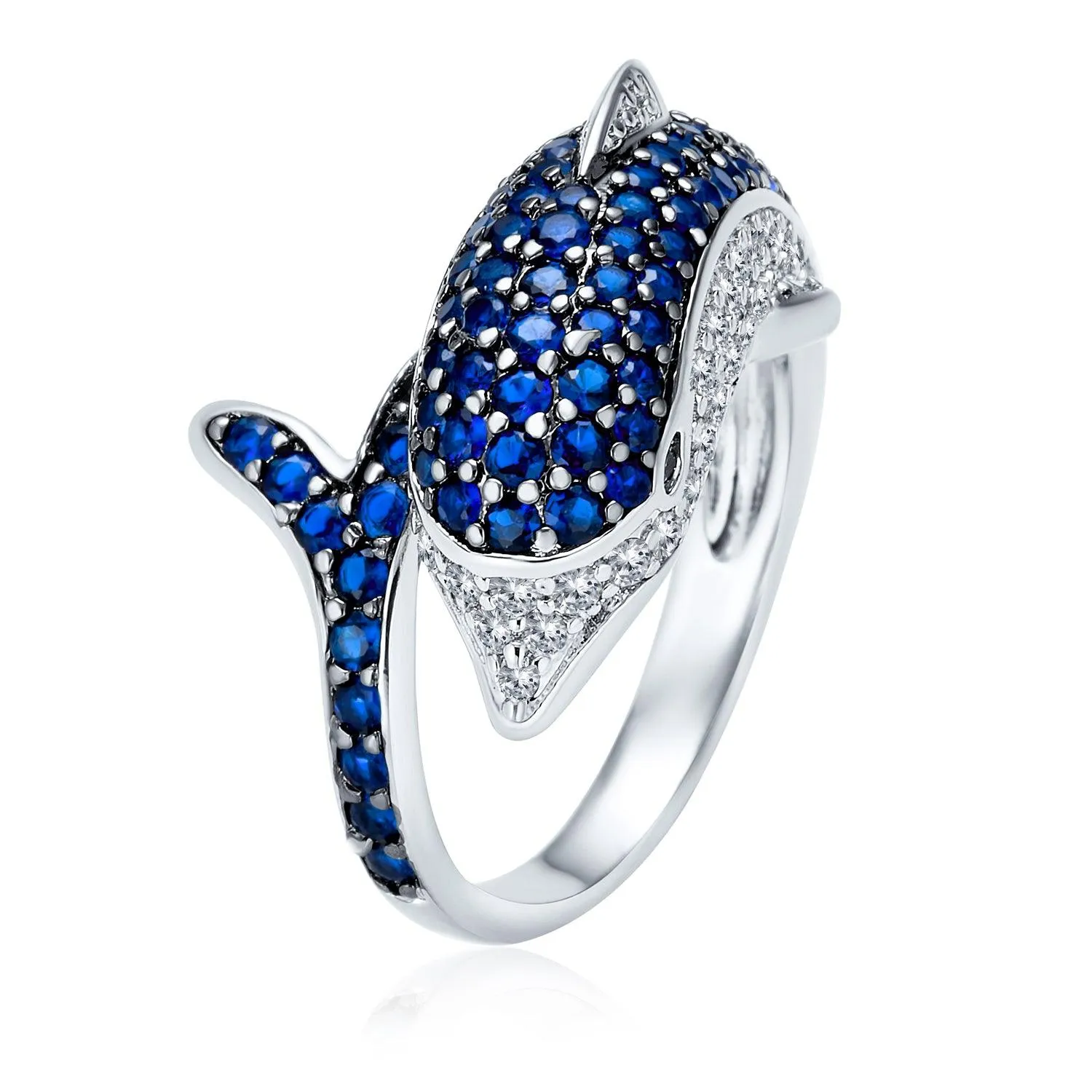 Nautical Cocktail Statement Ring with Navy Blue CZ and Dolphin Design