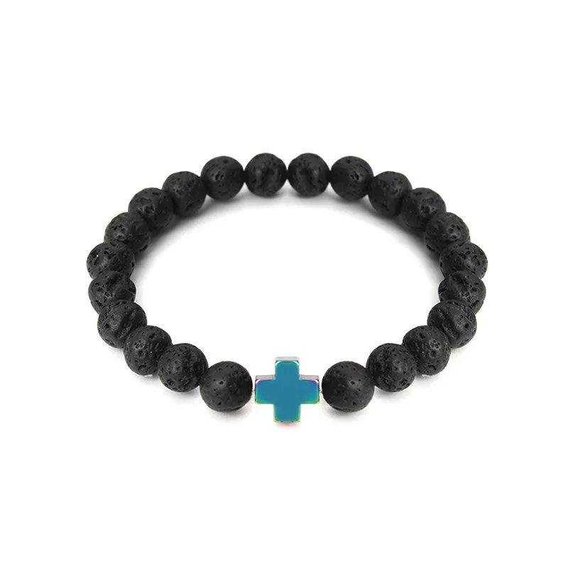 New Natural Black Lava Stone Beads Bracelet Fashion Men Hematite Beaded Cross Charm Bracelets Yoga Jewelry