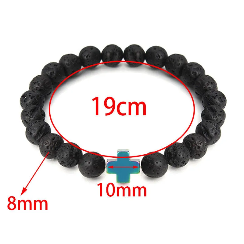 New Natural Black Lava Stone Beads Bracelet Fashion Men Hematite Beaded Cross Charm Bracelets Yoga Jewelry