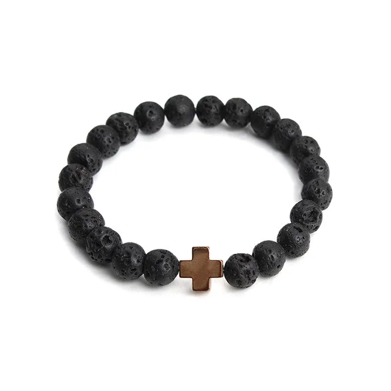 New Natural Black Lava Stone Beads Bracelet Fashion Men Hematite Beaded Cross Charm Bracelets Yoga Jewelry