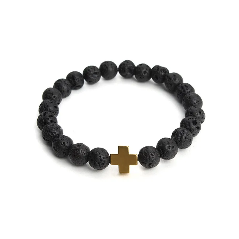 New Natural Black Lava Stone Beads Bracelet Fashion Men Hematite Beaded Cross Charm Bracelets Yoga Jewelry