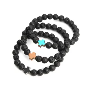 New Natural Black Lava Stone Beads Bracelet Fashion Men Hematite Beaded Cross Charm Bracelets Yoga Jewelry