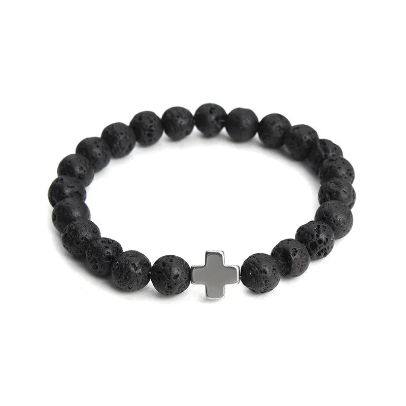 New Natural Black Lava Stone Beads Bracelet Fashion Men Hematite Beaded Cross Charm Bracelets Yoga Jewelry