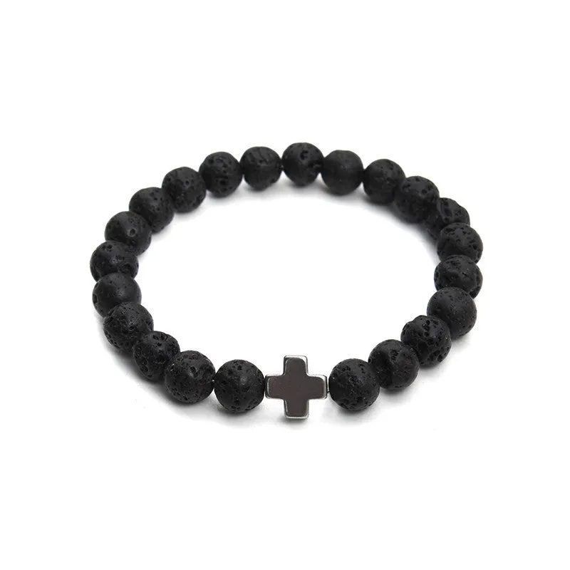 New Natural Black Lava Stone Beads Bracelet Fashion Men Hematite Beaded Cross Charm Bracelets Yoga Jewelry