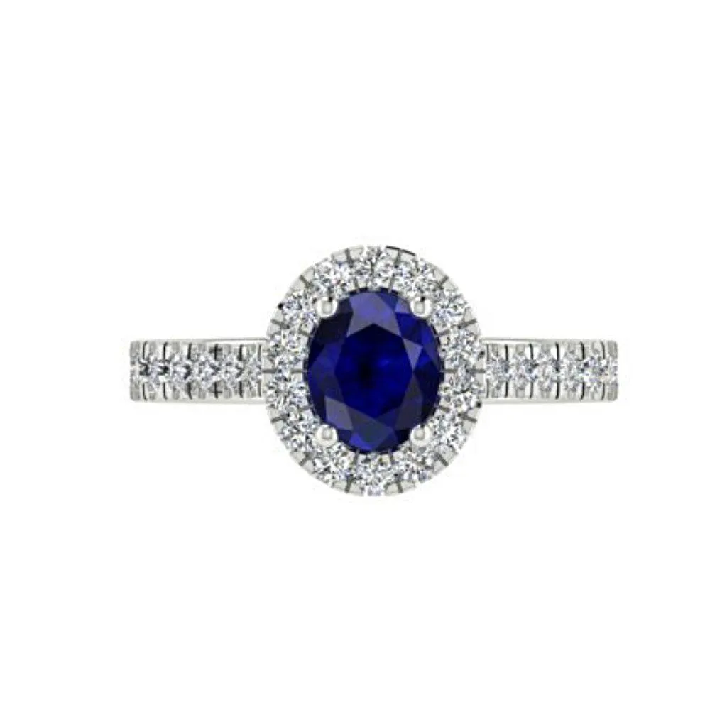 Oval Sapphire Halo Diamond Ring with Side Stones 18K White Gold