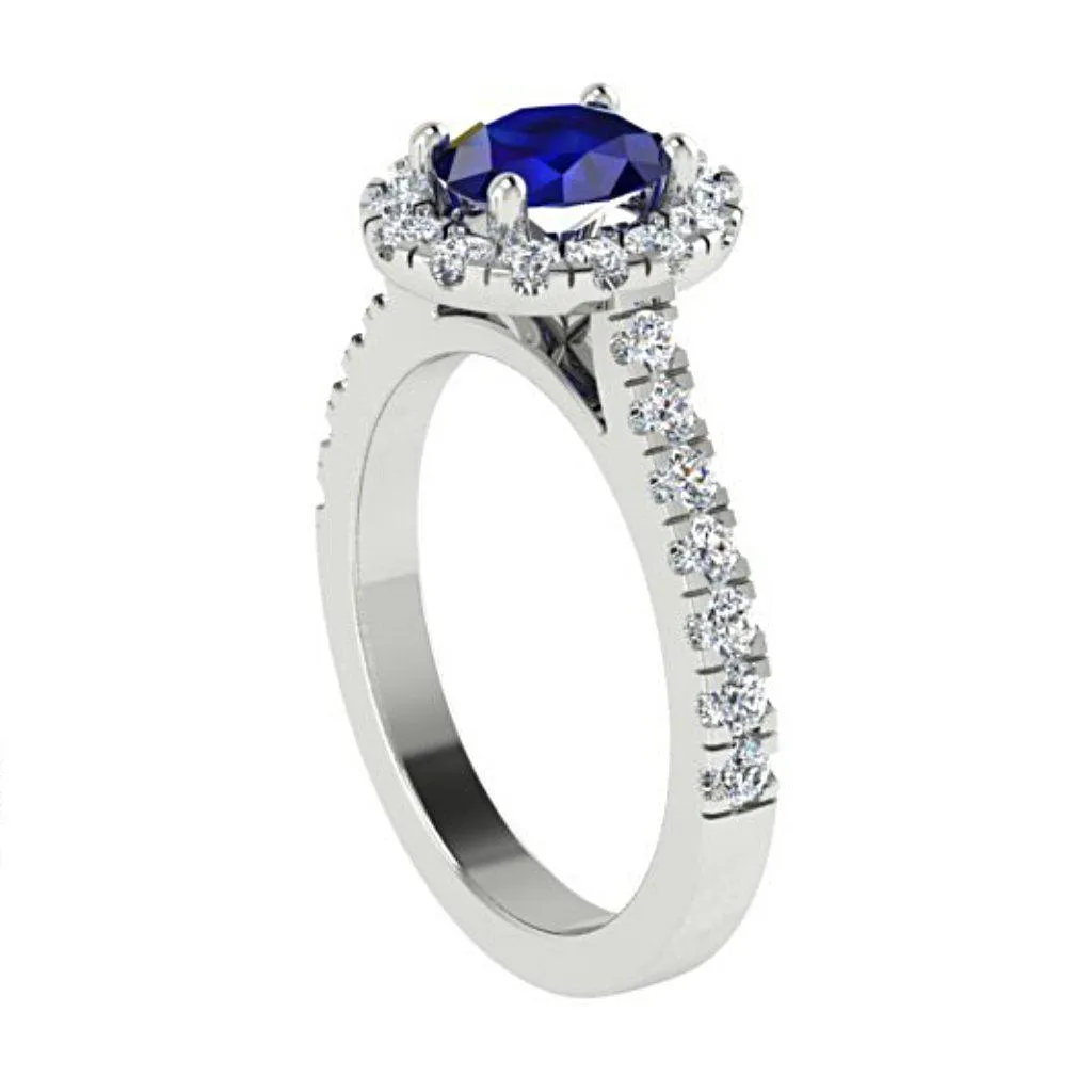 Oval Sapphire Halo Diamond Ring with Side Stones 18K White Gold