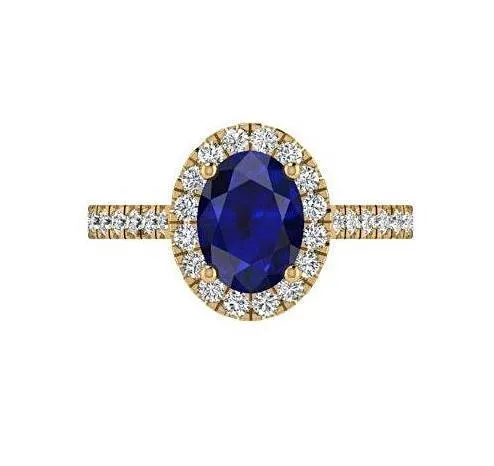 Oval Sapphire Halo Diamond Ring with Side Stones 18K White Gold