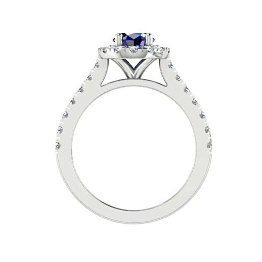 Oval Sapphire Halo Diamond Ring with Side Stones 18K White Gold