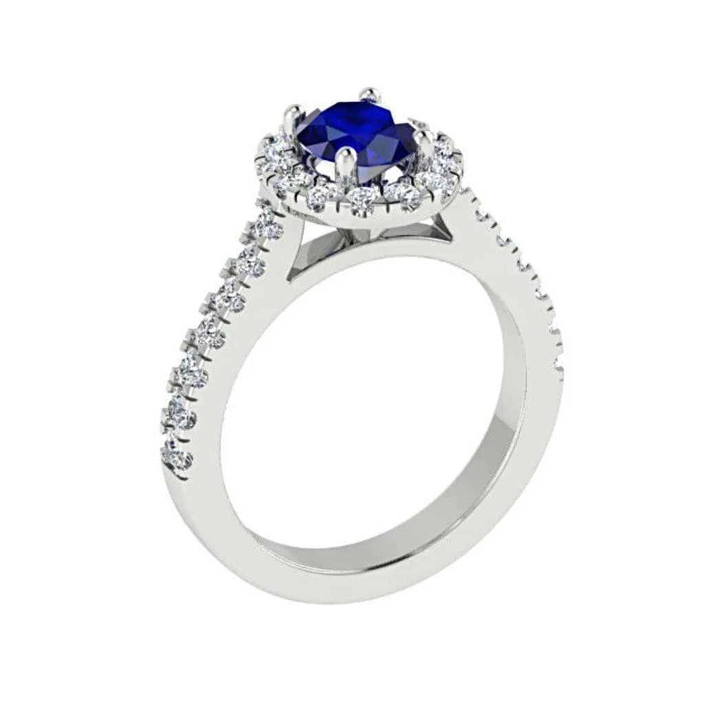 Oval Sapphire Halo Diamond Ring with Side Stones 18K White Gold