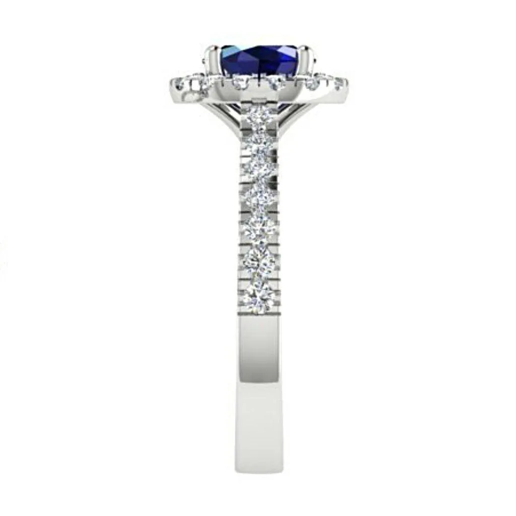 Oval Sapphire Halo Diamond Ring with Side Stones 18K White Gold