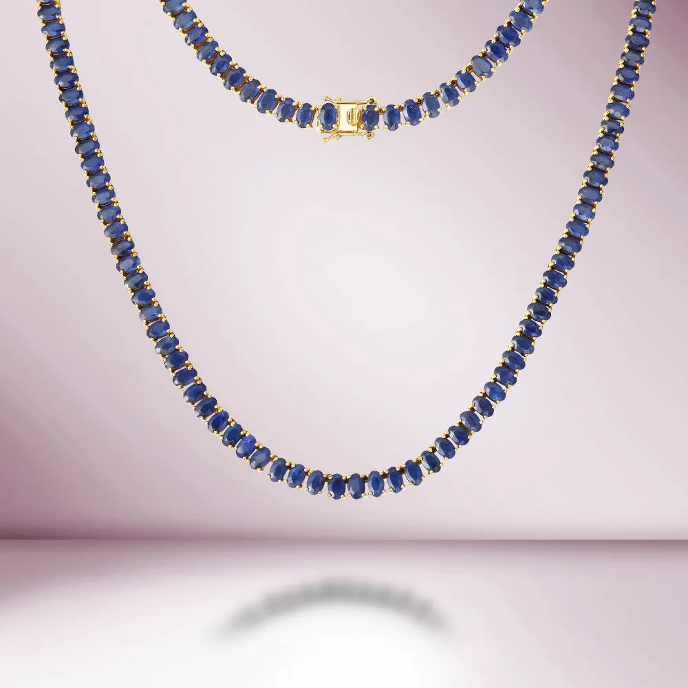 Oval Shape Sapphire Tennis Necklace (41.24 ct.) 4-Prongs Setting in 14K Gold